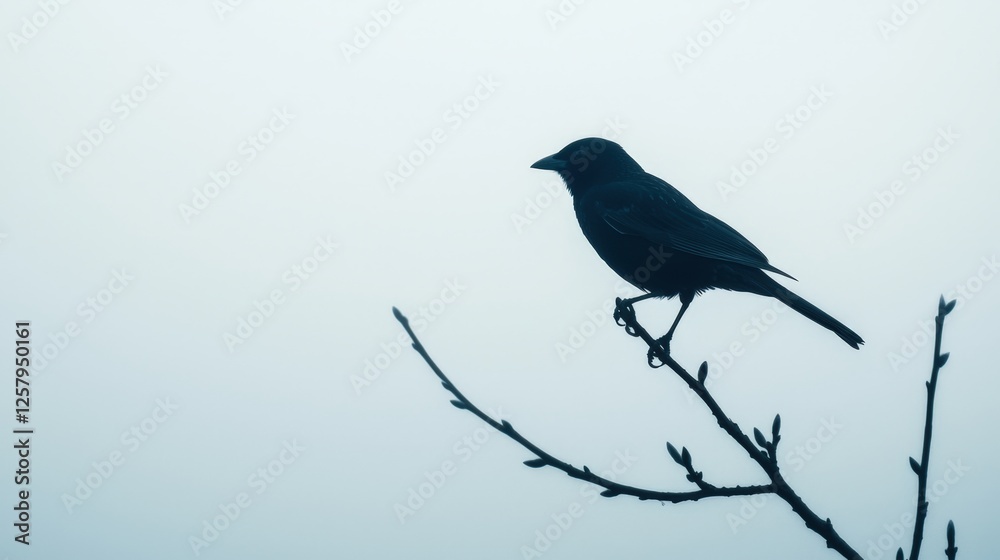 Fototapeta premium Mindfulness and meditation method Mindfulness and meditation method, Bird perched on a tree branch during early morning mist, mindfulness, serenity in nature,