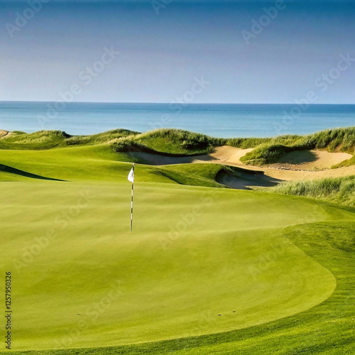 golf course on the beach, Beautiful golf course,A beautifully maintained golf course featuring a flag on the green, surrounded by sand bunkers and grassy dunes, with the serene ocean horizon in the di