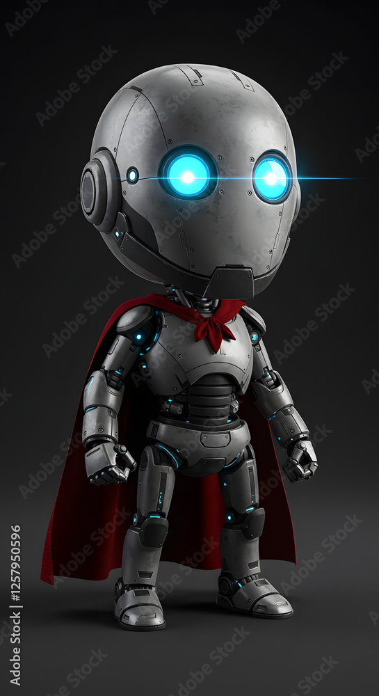Fototapeta premium Small Robot Superhero – Futuristic AI Hero with Crimson Cloak