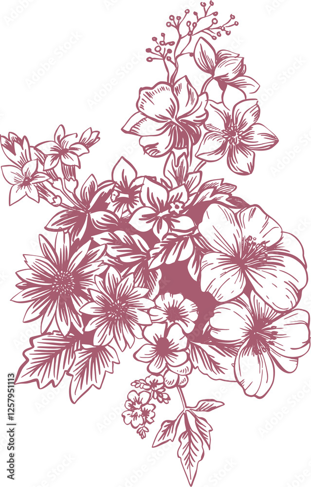 Fototapeta premium Botanical line illustration (bouquet) made in Toile De Jouy style on transparent background. Digital outline illustration in vintage style for branding, advertising, wedding design.