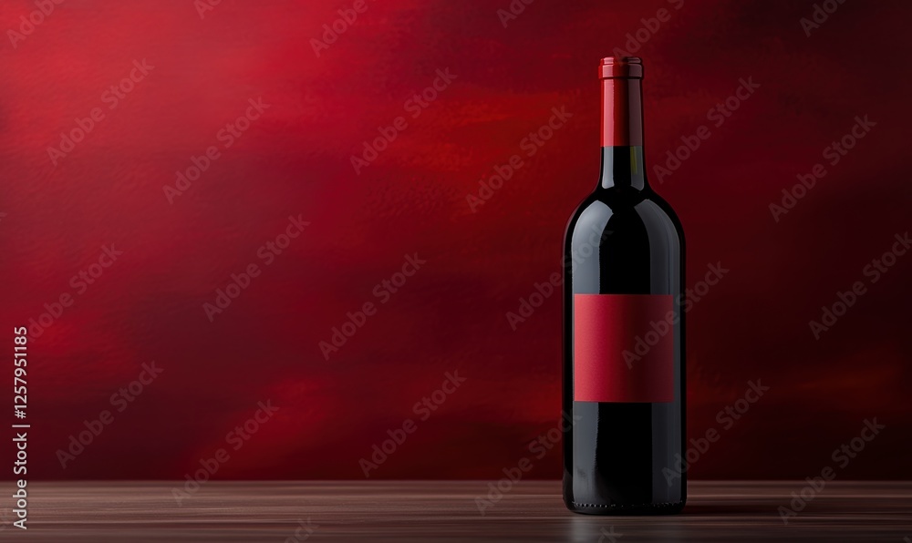 Fototapeta premium Red wine bottle with blank label placed on wooden surface against red background