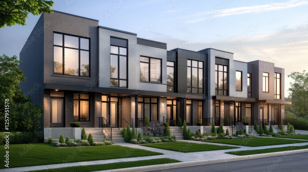 A row of modern townhouses with sleek architecture, large windows, and minimalist facades, warm sunlight casting soft shadows, clean landscaping with A row of modern townhouses with sleek architecture, large windows, and minimalist facades, warm sunlight casting soft shadows, clean landscaping with