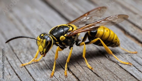 Close-Up of a Wasp on a Wooden Surface photo