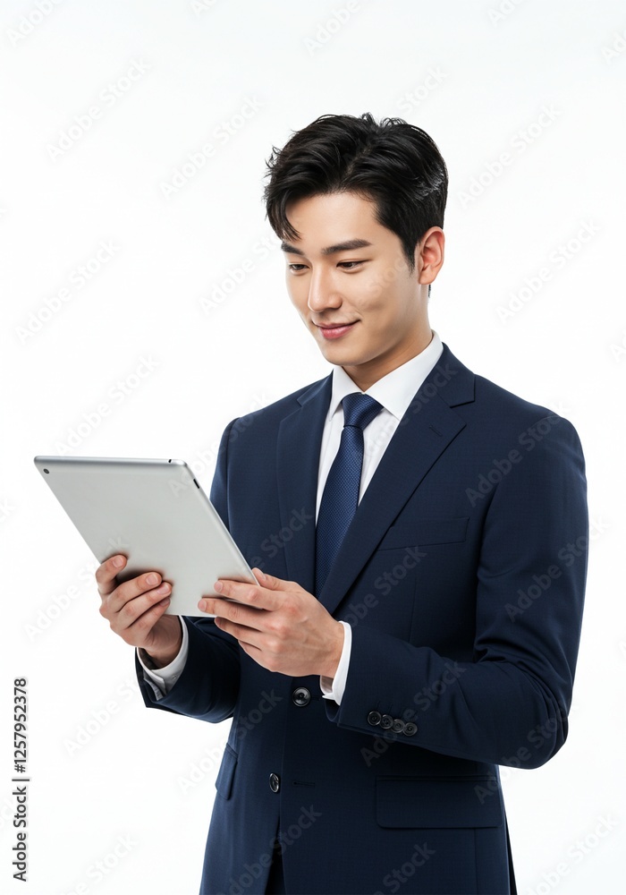 Photo of asian man business manager good and positive mood holding digital e-book tablet reading company report formal wear shirt blazer luxury suit white color background Photo of asian man business manager good and positive mood holding digital e-book tablet reading company report formal wear shirt blazer luxury suit white color background