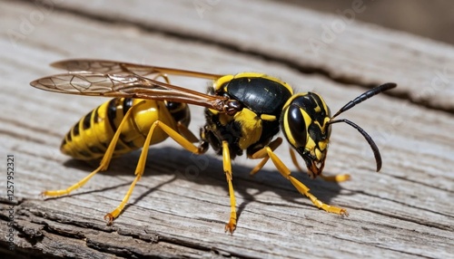 Close-Up of a Wasp on a Wooden Surface photo