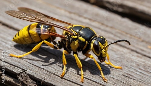Close-Up of a Wasp on a Wooden Surface photo