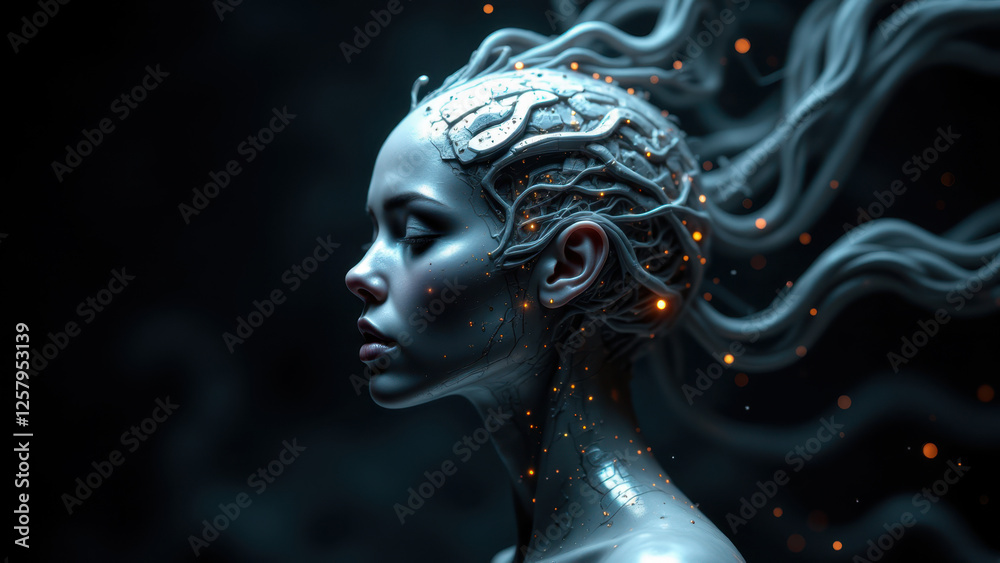 AI humanoid female character with glowing energy stream emanating from her head, symbolizing advanced intelligence or thoughts processing. AI humanoid female character with glowing energy stream emanating from her head, symbolizing advanced intelligence or thoughts processing.