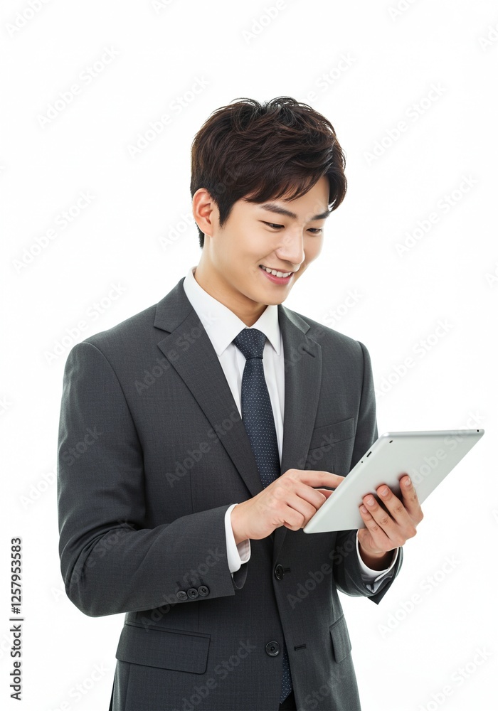 Photo of asian man business manager good and positive mood holding digital e-book tablet reading company report formal wear shirt blazer luxury suit white color background Photo of asian man business manager good and positive mood holding digital e-book tablet reading company report formal wear shirt blazer luxury suit white color background