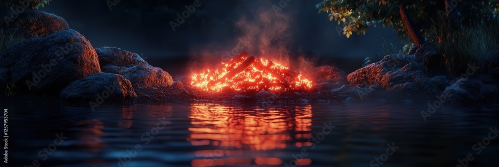 Fototapeta premium a campfire with glowing red coals beside a dark lake, the warmth of the fire lighting up the surroundings