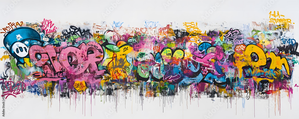 Naklejka premium Vibrant and Energetic Urban Graffiti Art Explosion on White Wall