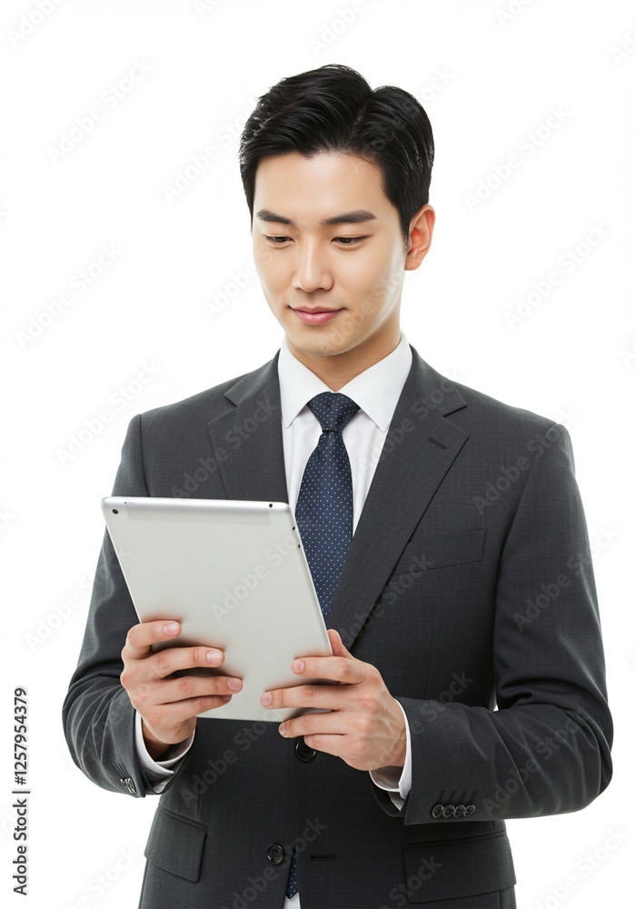 Photo of asian man business manager good and positive mood holding digital e-book tablet reading company report formal wear shirt blazer luxury suit white color background Photo of asian man business manager good and positive mood holding digital e-book tablet reading company report formal wear shirt blazer luxury suit white color background