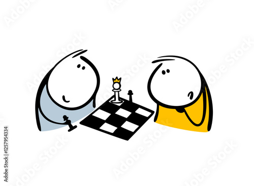 Two boys are playing chess. Vector illustration of stickman holds a figure and reflects on strategy and victory. Isolated funny character on white background.