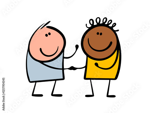 Friendship of peoples. Vector illustration of a light-skinned and dark-skinned man shaking hands. Good relations between people of different races. Isolated funny character on white background.