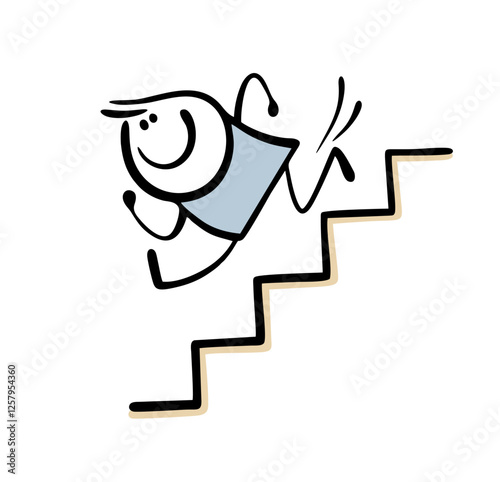Reckless stickman runs merrily down the stairs. Vector illustration of  doodle child jumping up the stairs, in  hurry. Isolated funny character on white background.