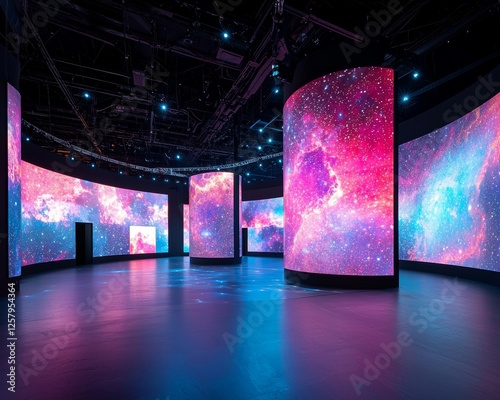 Sophisticated Avant Art Gallery mockup featuring interactive holographic installations set in a dark, immersive space, merging light, motion, and user interaction