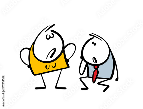 Girl dominates the family. Vector illustration of a strict wife and a weak husband. Stickman is afraid, insecure person with complexes, woman humiliates, abuse.