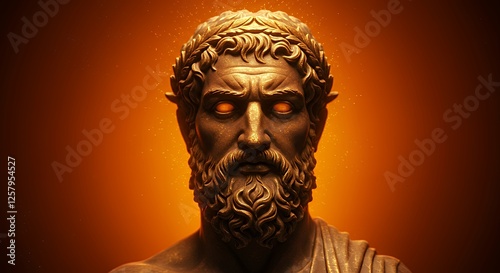 Golden Zeus Statue with Glowing Eyes and Wreath in Dramatic Lighting