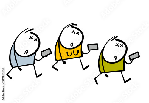 Crowd of people is walking down the street and looking at the phone. Vector illustration of zombie characters with smartphones. Mass hypnosis, new technologies.