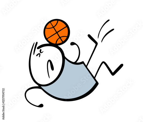 Accident on the sports field. Vector illustration of a basketball hitting a poor player's head. Cartoon boy fell, his head hurts, and he was injured. Isolated funny character on white background.