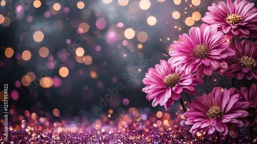 Vibrant pink flowers amidst a sparkling background with soft bokeh lights creating a dreamy atmosphere