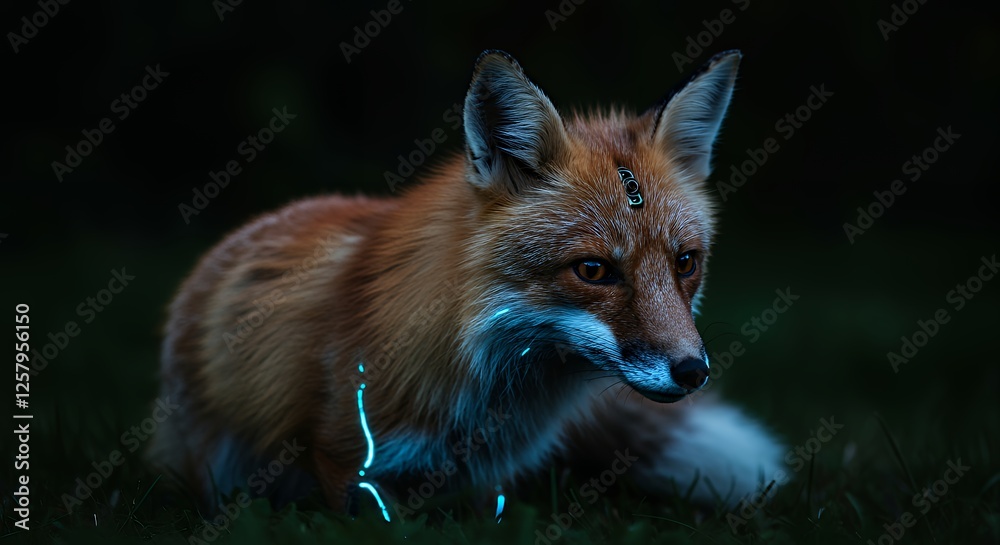 Fototapeta premium Resting Fox with Glowing Accents in the Forest at Night