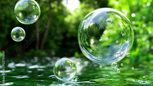 Wallpaper Mural Multiple transparent bubbles suspended in mid air above rippling green water, reflecting the lush forest background. The bubbles are various sizes Torontodigital.ca