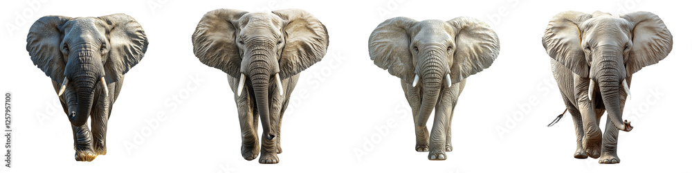 Fototapeta premium Four elephants are depicted in a frontal view, showcasing their distinctive features, including large ears and tusks.
