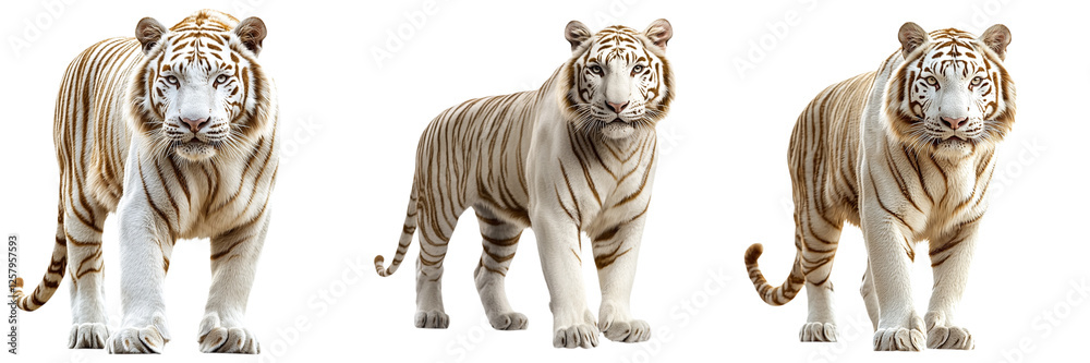 Obraz premium Three white tigers are displayed in various poses, showcasing their distinctive striped coats and powerful physiques.