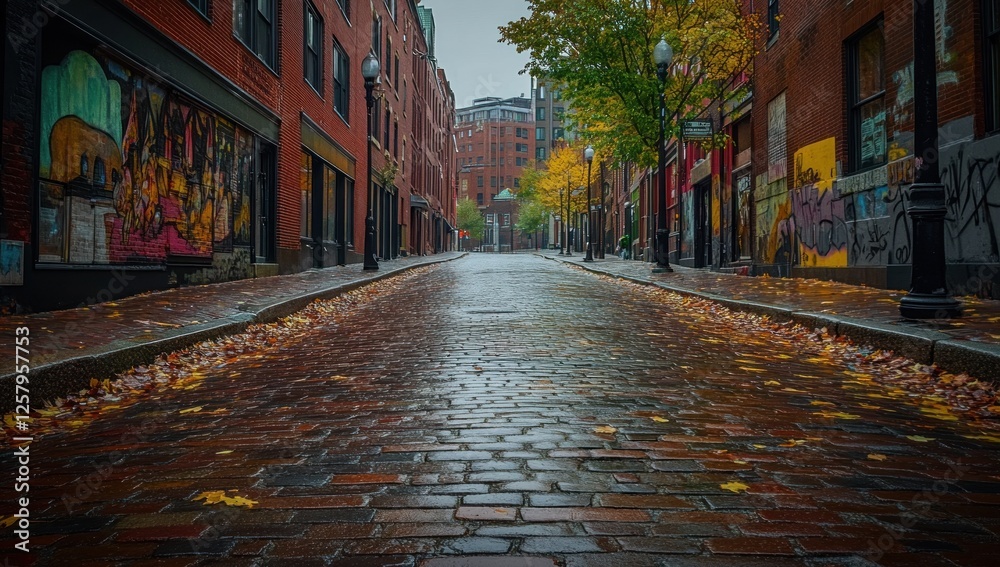 Naklejka premium Autumnal Cobblestone Street in Boston, Massachusetts
