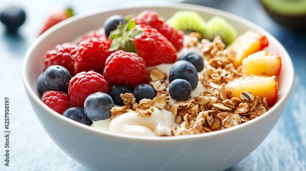 Yoghurt with muesli and fruits in a bowl - healthy breakfast Yoghurt with muesli and fruits in a bowl - healthy breakfast