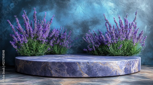 A serene display of purple lavender plants on a round stone platform against a textured blue backdrop
