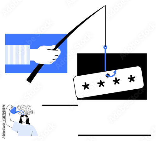 Password phishing attempt with fishing rod and hooked password, head with blooming flowers depicts creativity. Ideal for cybersecurity, vigilance, awareness, hacking, online safety, risk, abstract