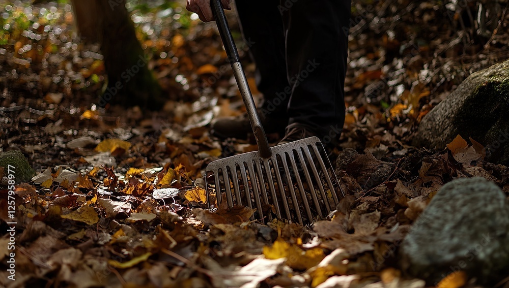 Obraz premium A photo of an autumn scene with leaves on the ground and a person raking them up using a metal rake