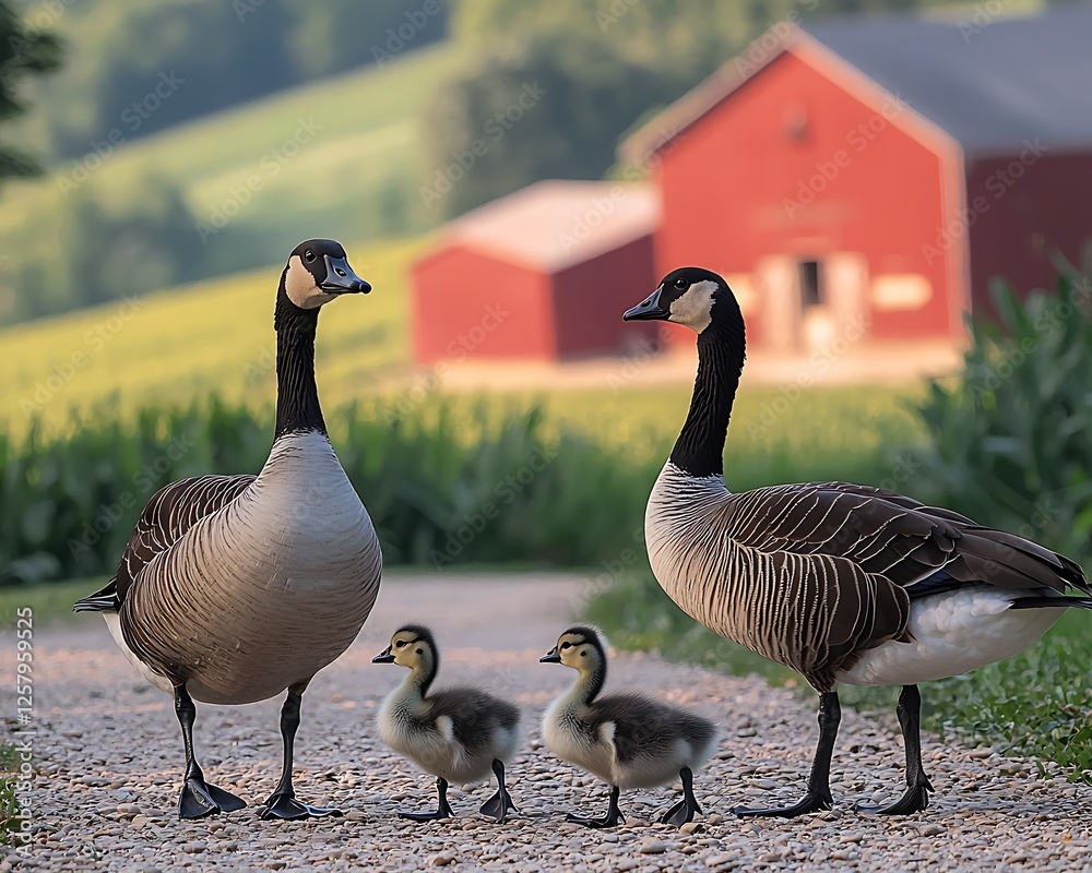 Obraz premium Family of geese walking along a dirt path on a farm with a peaceful pond and farm buildings in the distance