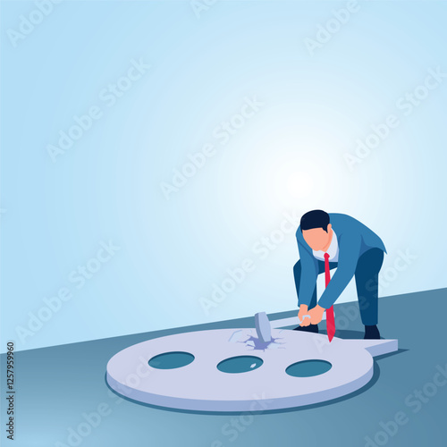 A man hits a chat bubble with a hammer. Illustration for fighting yourself, self-confidence and being positive.