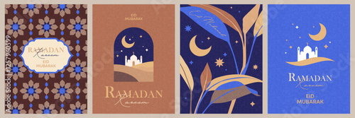 Ramadan Kareem poster, holiday cover set. Islamic greeting card, banner template. Modern design with geometric pattern, mosque, crescent moon and stars in the night sky in trendy brown and blue colors