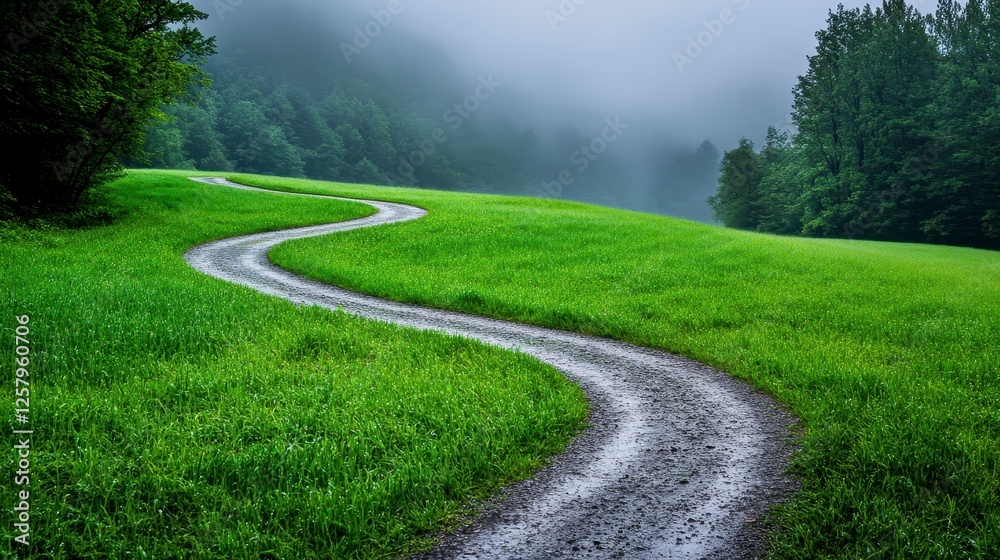 A winding, wet dirt path meanders through a grassy meadow, bathed in soft light, leading into a misty forest. Lush green vegetation, and small white A winding, wet dirt path meanders through a grassy meadow, bathed in soft light, leading into a misty forest. Lush green vegetation, and small white