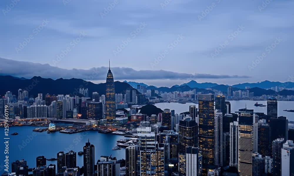 Night Hong Kong skyline, harbor view, city lights, mountain backdrop, tourism