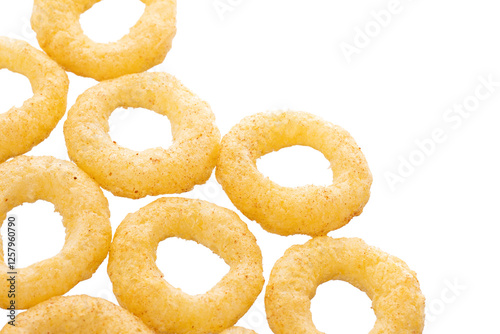 Crispy ring snacks isolated on white background. Corn onion rings in bowl isolated on white background. Crispy onion rings, isolated on white background. Snacks for watching movies.