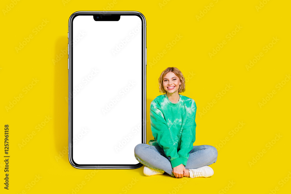 Full length photo of shiny attractive lady dressed tie dye sweatshirt typing apple iphoen samsung gadget empty space isolated yellow color background Full length photo of shiny attractive lady dressed tie dye sweatshirt typing apple iphoen samsung gadget empty space isolated yellow color background