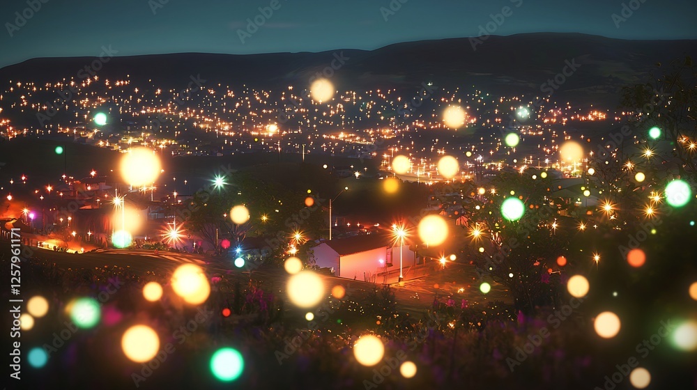 Fototapeta premium Nighttime cityscape with glowing lights and bokeh effect in the foreground creating magical feeling