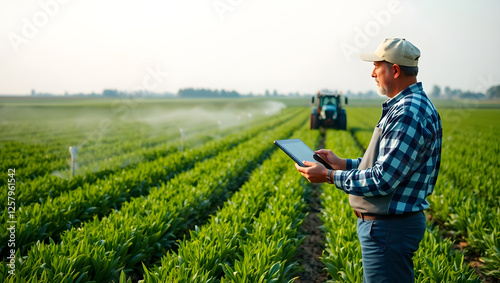 Modern Agriculture:  A seasoned farmer stands confidently in his field, tablet in hand, overseeing the precision irrigation system in operation.