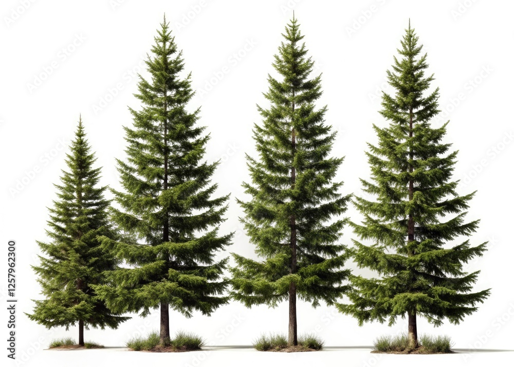 Obraz premium High-resolution 3D render of four silhouetted pine trees, isolated on white.