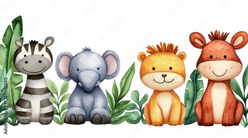 Naklejka premium Watercolor illustration of adorable animals in a jungle setting. Four cartoon animals, a zebra, elephant, lion, and a donkey, sit amongst lush, green