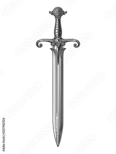 ornamental sword with a decorative hilt, showcasing elegance and craftsmanship sketch engraving generative ai vector illustration. Scratch board imitation. Black and white image.