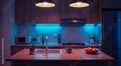 Modern Kitchen Interior with Ambient Blue Lighting and Wood Countertop photo