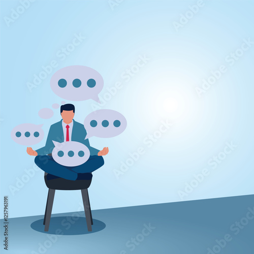 A man sitting in meditation on a chair surrounded by chat bubbles. Illustration for fighting yourself, self-confidence and being positive.
