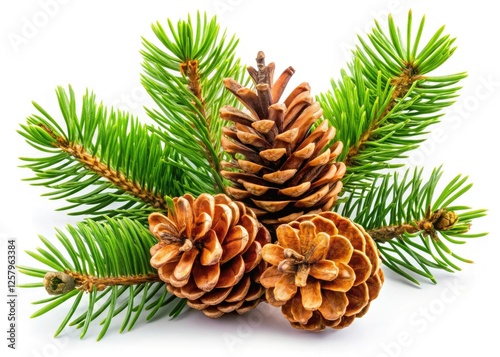 High-resolution image: isolated winter pine branch, laden with cones, perfect festive design element.