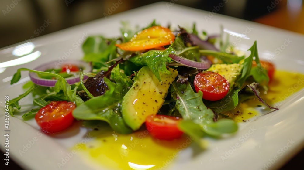 A fresh avocado salad with mixed greens, cherry tomatoes, and red onion, drizzled with olive oil and lemon juice, arranged on a white plate A fresh avocado salad with mixed greens, cherry tomatoes, and red onion, drizzled with olive oil and lemon juice, arranged on a white plate