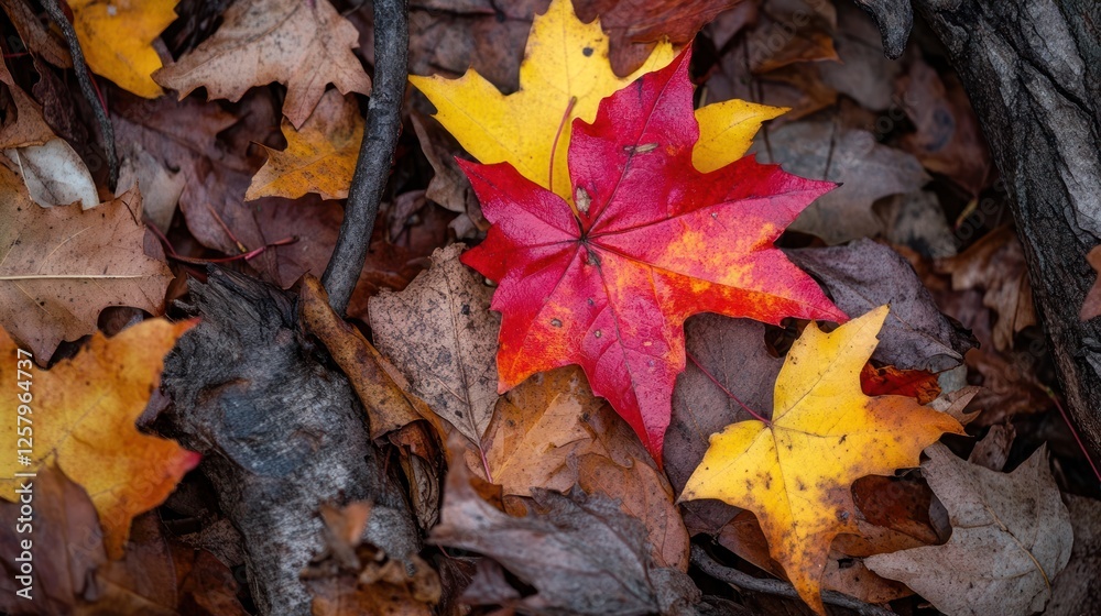 Vibrant red maple leaf among autumn foliage. Vibrant red maple leaf among autumn foliage.